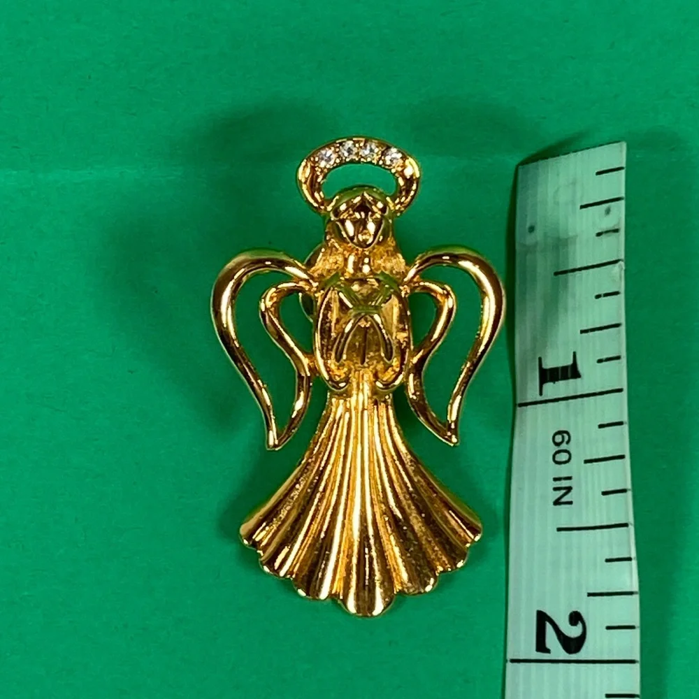 Vtg Christmas Angel Brooch Holiday Pin sparkling jeweled halo on goldtone metal - Picture 5 of 5